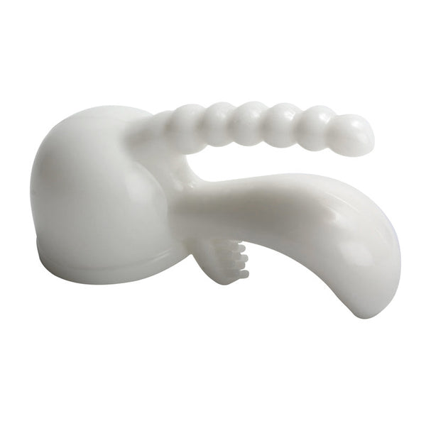 Main product picture on a white background of the Triple Pleaser attachment in white. This attachment fits over the massage head of the Magic Wand Original, Magic Wand Rechargeable and Magic Wand Plus.