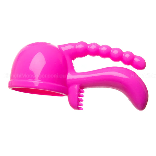 Main product picture on a white background of the Triple Pleaser attachment in pink. This attachment fits over the massage head of the Magic Wand Original, Magic Wand Rechargeable and Magic Wand Plus.