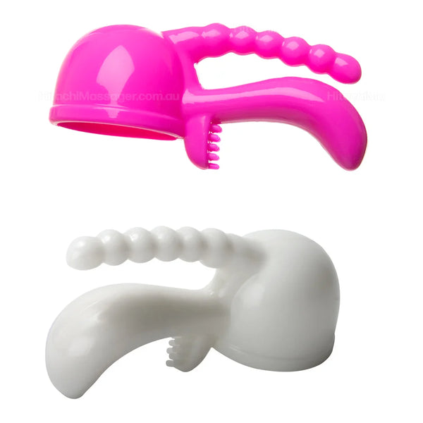 Main product picture on a white background of the Triple Pleaser attachment in pink and white. This attachment fits over the massage head of the Magic Wand Original, Magic Wand Rechargeable and Magic Wand Plus.