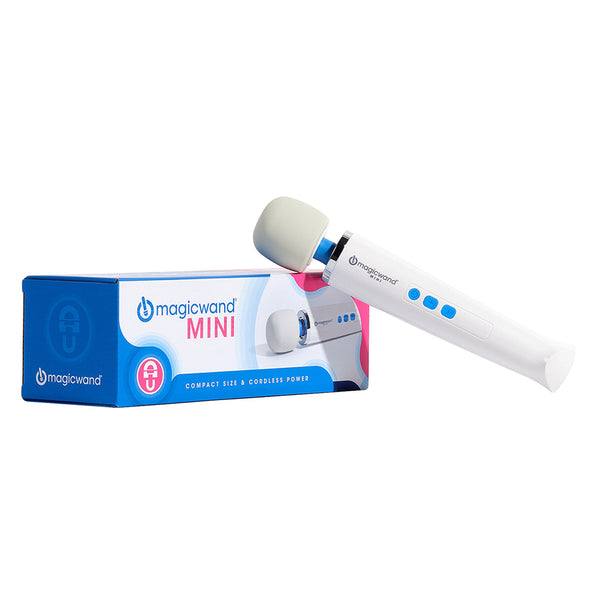 Product picture on a white background of the Hitachi Magic Wand Mini personal massager laying on its side against the product carton.