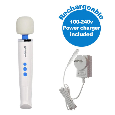 Product picture of the Magic Wand Mini personal massager alongside its power charger on a white background.