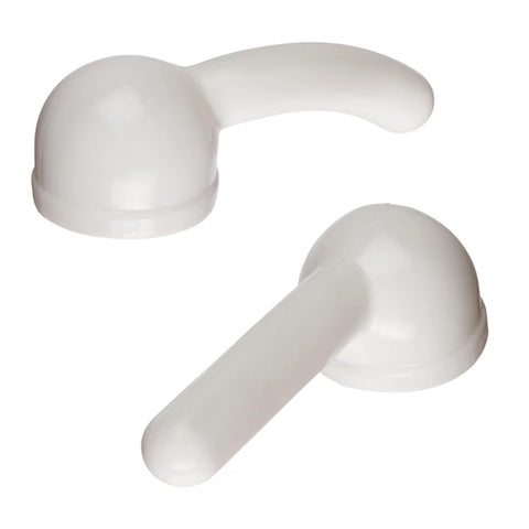 Main product picture on a white background of the Magic Wand G-Duo massager attachments bundle kit in white. This attachments bundle kit consists of one G-Tip Straight attachment and one G-Tip Curve attachment, both fitting over the massage head of the full size Magic Wand range of personal massagers, which are the Magic Wand Original, Magic Wand Rechargeable and Magic Wand Plus.