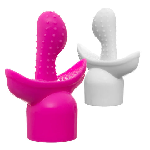 Main product picture on a white background of the G-Tip attachment in pink and white. This attachment fits over the massage head of the Magic Wand Original, Magic Wand Rechargeable and Magic Wand Plus.