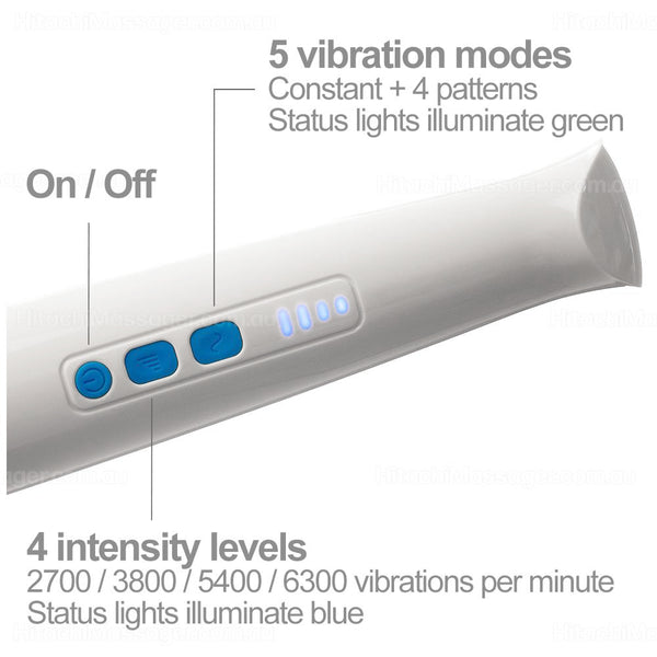 Hitachi Magic Wand Rechargeable personal massager closeup product picture on a white background of the massager control buttons and status lights.