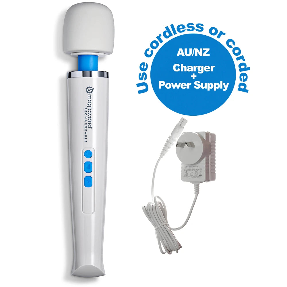 Main product picture with white background of the Magic Wand Rechargeable personal massager with Australian and New Zealand 100~240 volt power charger.