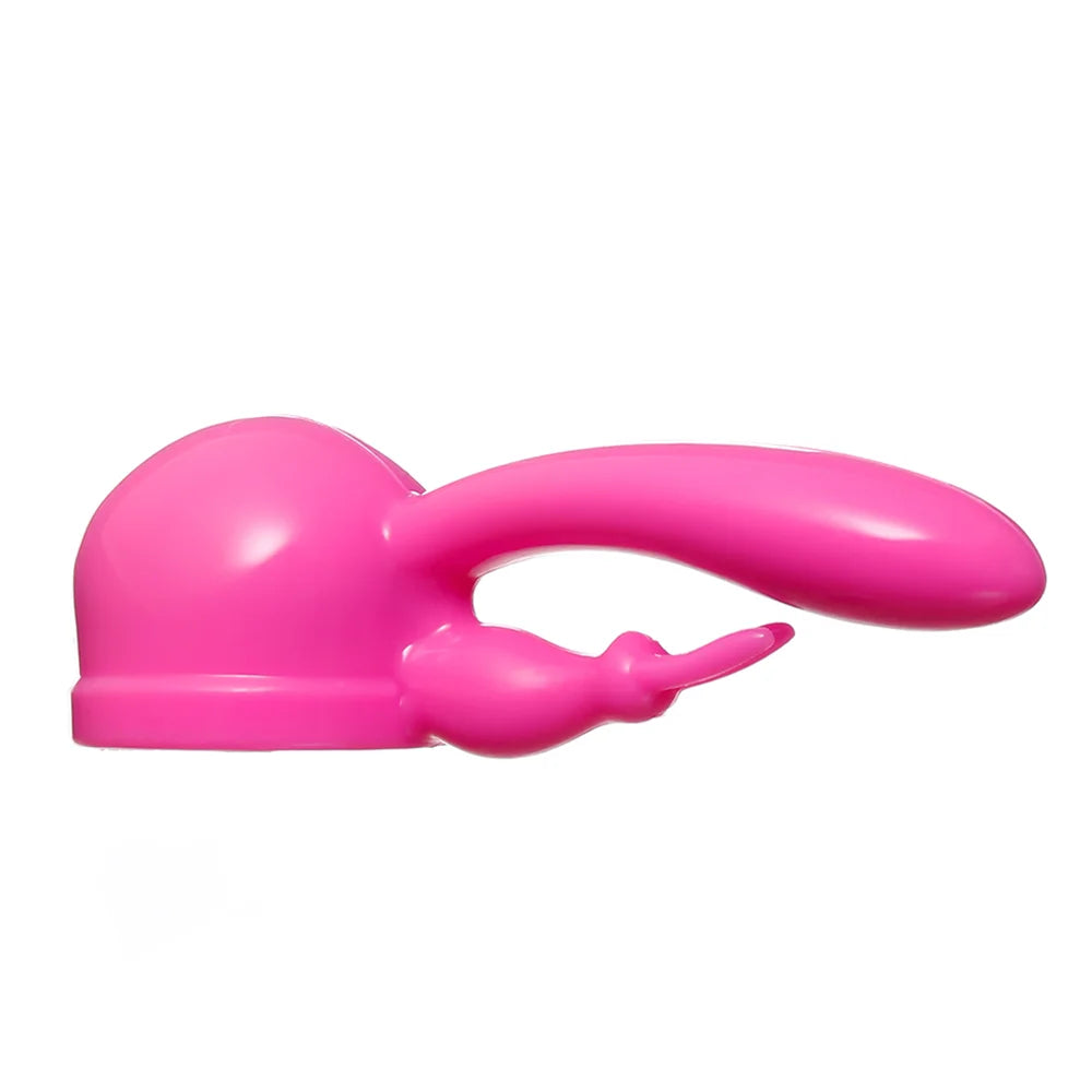 Product picture on a white background of the Rabbit attachment in pink. This attachment fits over the massage head of the Hitachi range of personal massagers which are the Magic Wand Original, Magic Wand Rechargeable and Magic Wand Plus.