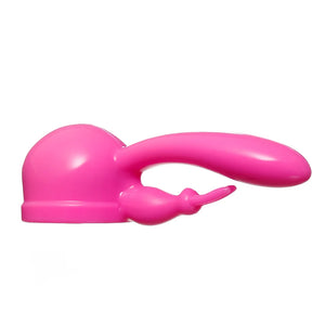 Product picture on a white background of the Rabbit attachment in pink. This attachment fits over the massage head of the Magic Wand Original, Magic Wand Rechargeable and Magic Wand Plus.