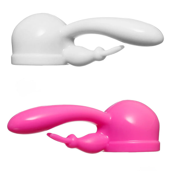 Main product picture on a white background of the Rabbit attachment in white and pink. This attachment fits over the massage head of the Magic Wand Original, Magic Wand Rechargeable and Magic Wand Plus.