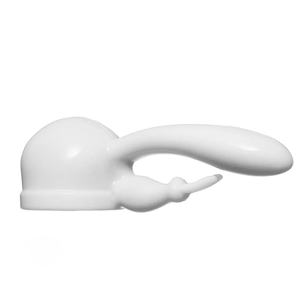 Product picture on a white background of the Rabbit attachment in white. This attachment fits over the massage head of the Hitachi range of personal massagers which are the Magic Wand Original, Magic Wand Rechargeable and Magic Wand Plus.