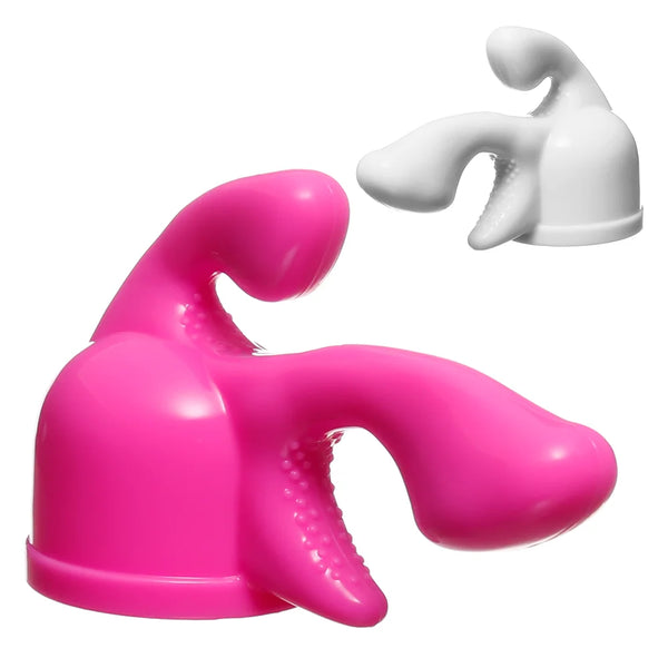 Main product picture on a white background of the Tri-Gasm Attachment in pink and white. This attachment fits over the massage head of the Magic Wand Original, Magic Wand Rechargeable and Magic Wand Plus.