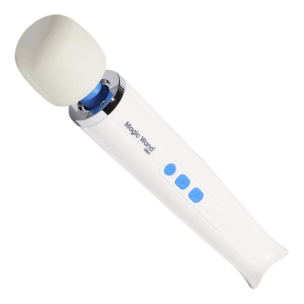 Full length product picture on a white background of the Magic Wand Mini personal massager tilted to the left.